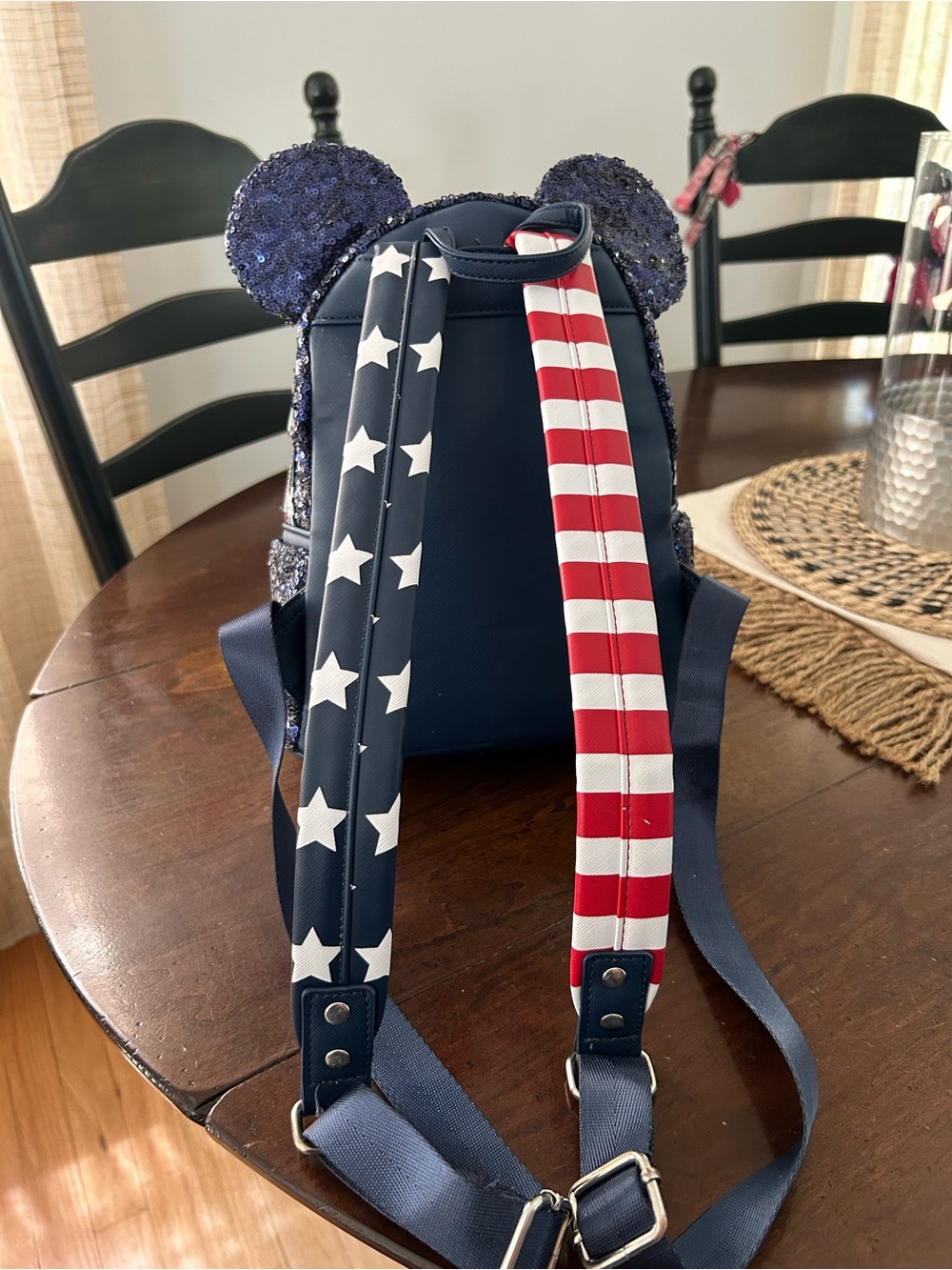 Loungefly Disney Parks Navy Sequin Minnie Ear Backpack with American Flag Bow - Picture 3 of 5
